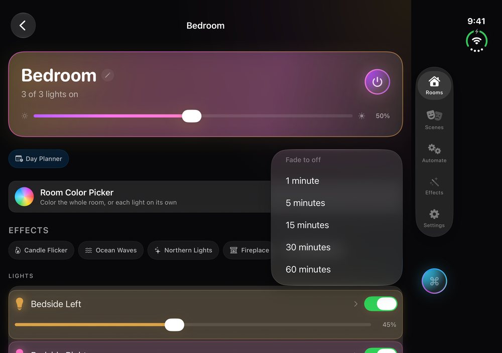 HueCommand on iPhone Duo with the Goodnight Fade to off menu open: 1, 5, 15, 30 and 60 minutes