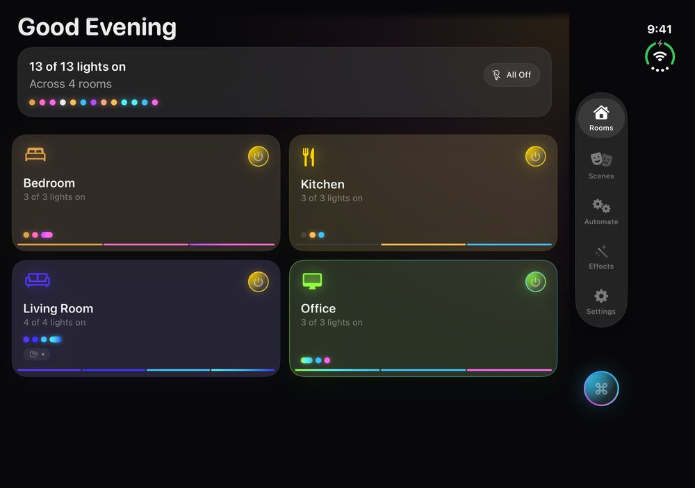 HueCommand on the unfolded iPhone Duo inner display with four room tiles