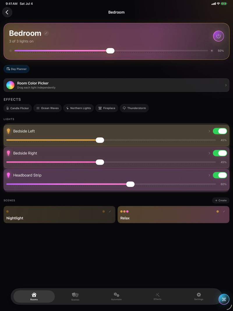 HueCommand on iPad showing the Bedroom room with its lights and effects