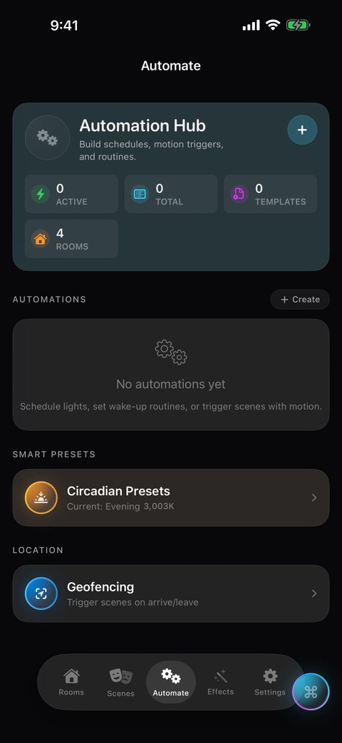 HueCommand Automate screen on iPhone with the Automation Hub, Circadian Presets and Geofencing
