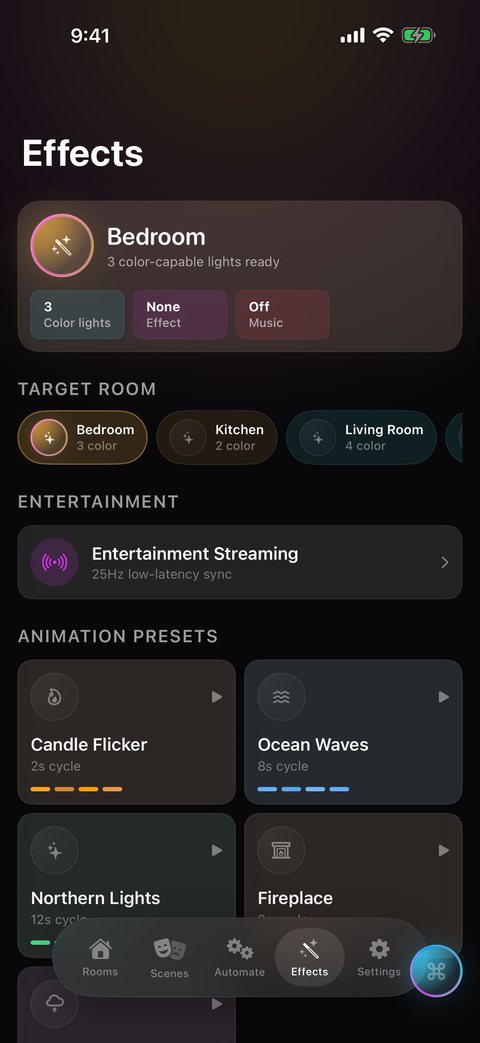 HueCommand Effects tab on iPhone with effect presets and Music Reactive for a room