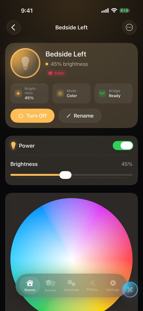HueCommand light screen on iPhone for Bedside Left with power, brightness and a color wheel