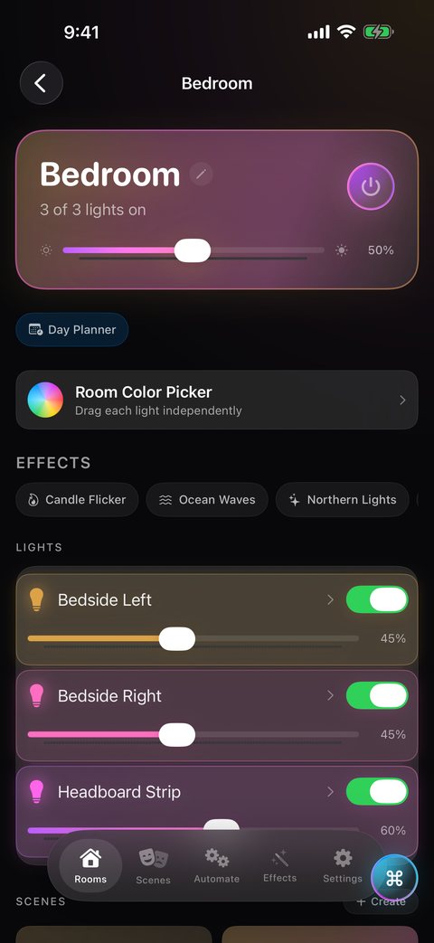 HueCommand Bedroom screen on iPhone with a brightness slider, room color picker, effects and three lights