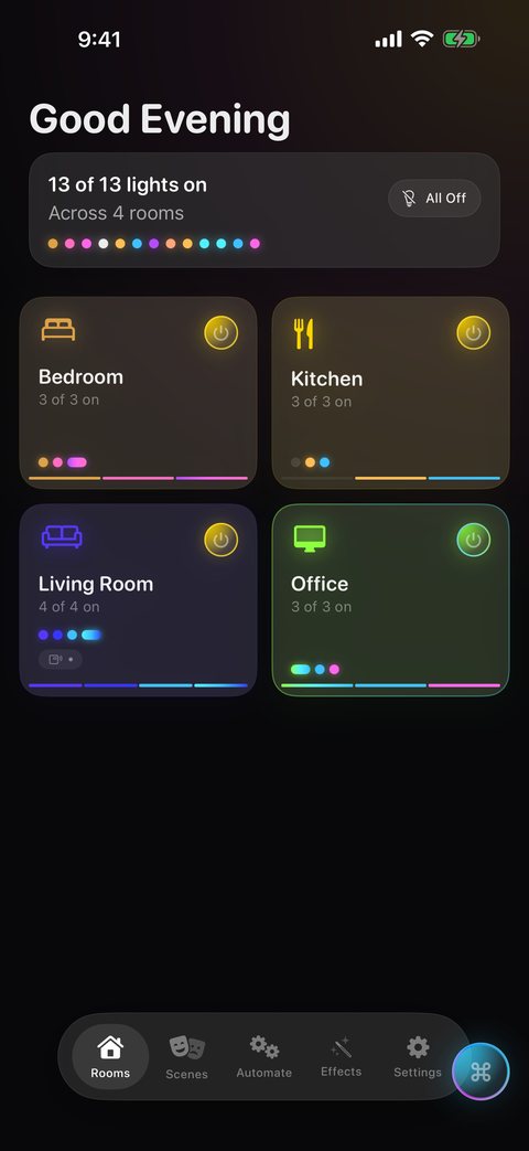 HueCommand Rooms screen on iPhone showing Bedroom, Kitchen, Living Room and Office