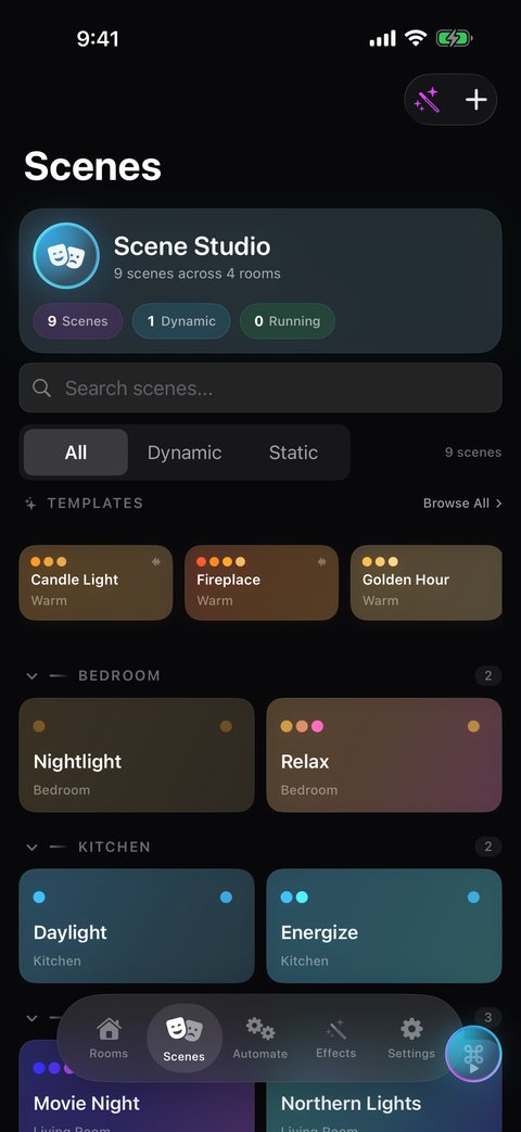 HueCommand Scene Studio on iPhone with templates such as Candle Light, Fireplace and Golden Hour, and scenes per room