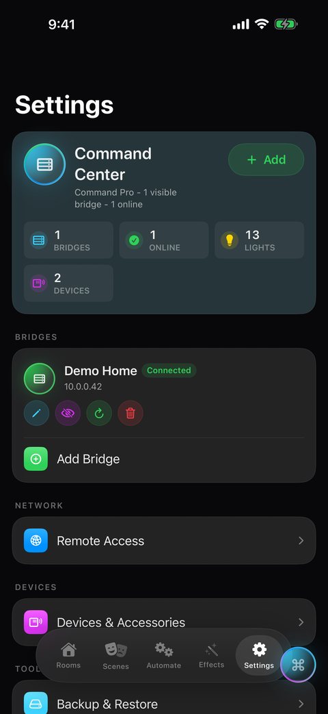 HueCommand Settings on iPhone with the Bridges section and Add Bridge row