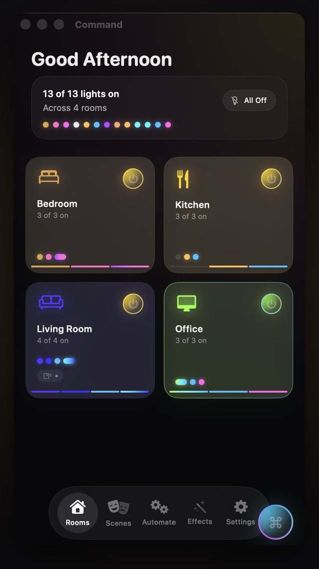 HueCommand window on macOS showing the Rooms screen