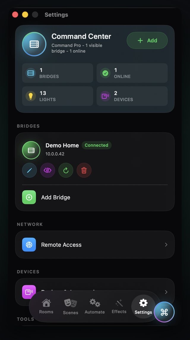 HueCommand Settings window on Mac showing a connected bridge, Add Bridge and Remote Access