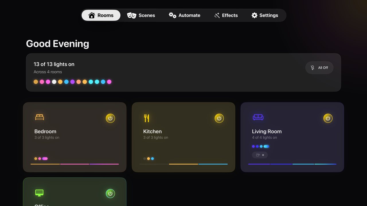 HueCommand on Apple TV showing the Rooms tab with four rooms