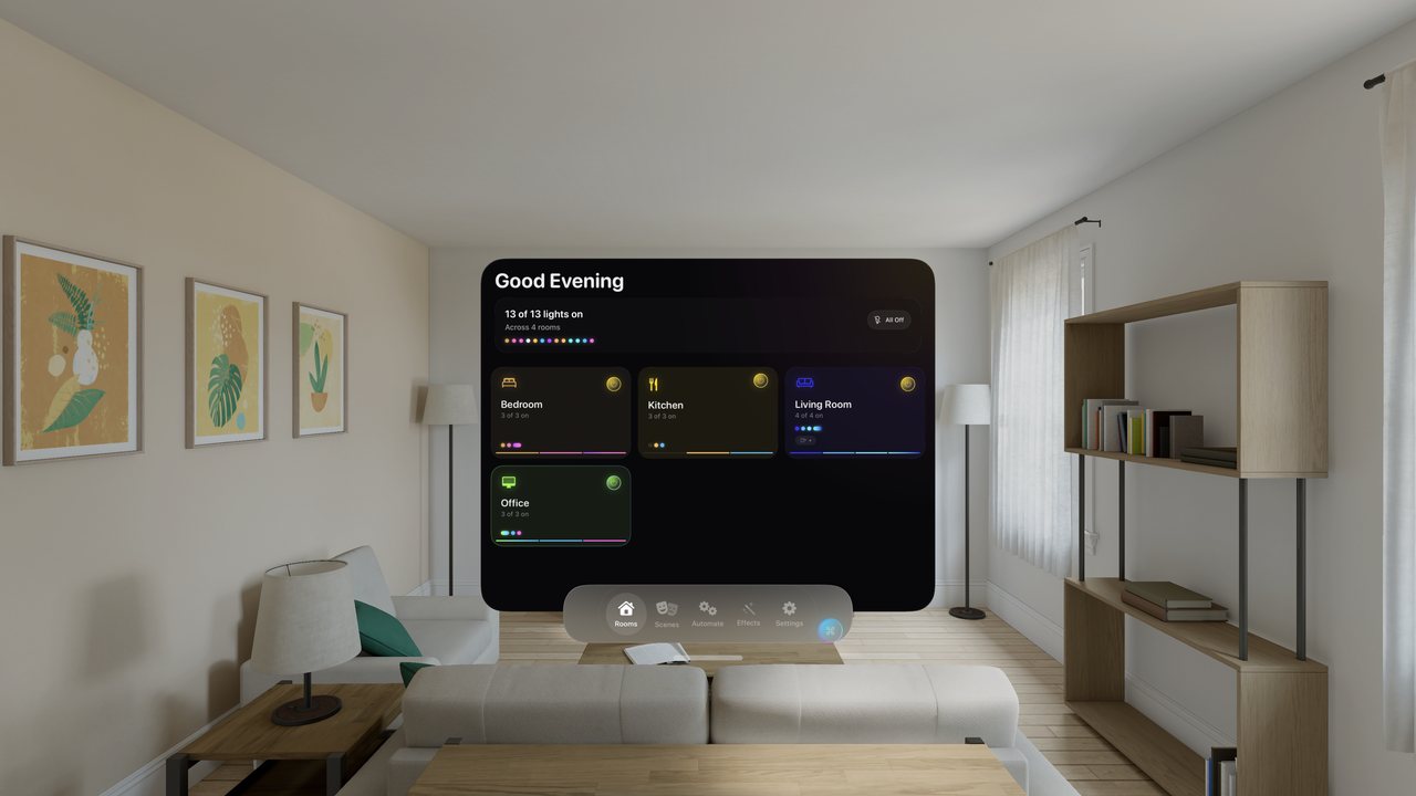HueCommand on Apple Vision Pro: a Rooms window floating in a living room