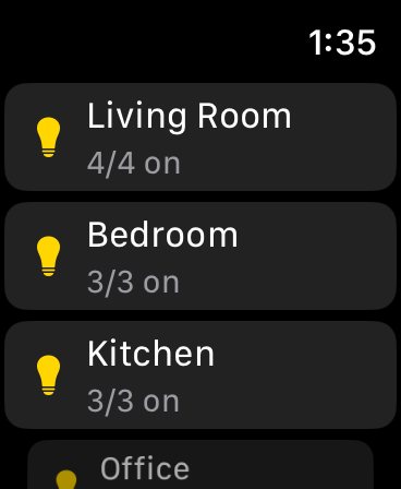 HueCommand on Apple Watch listing rooms with how many lights are on