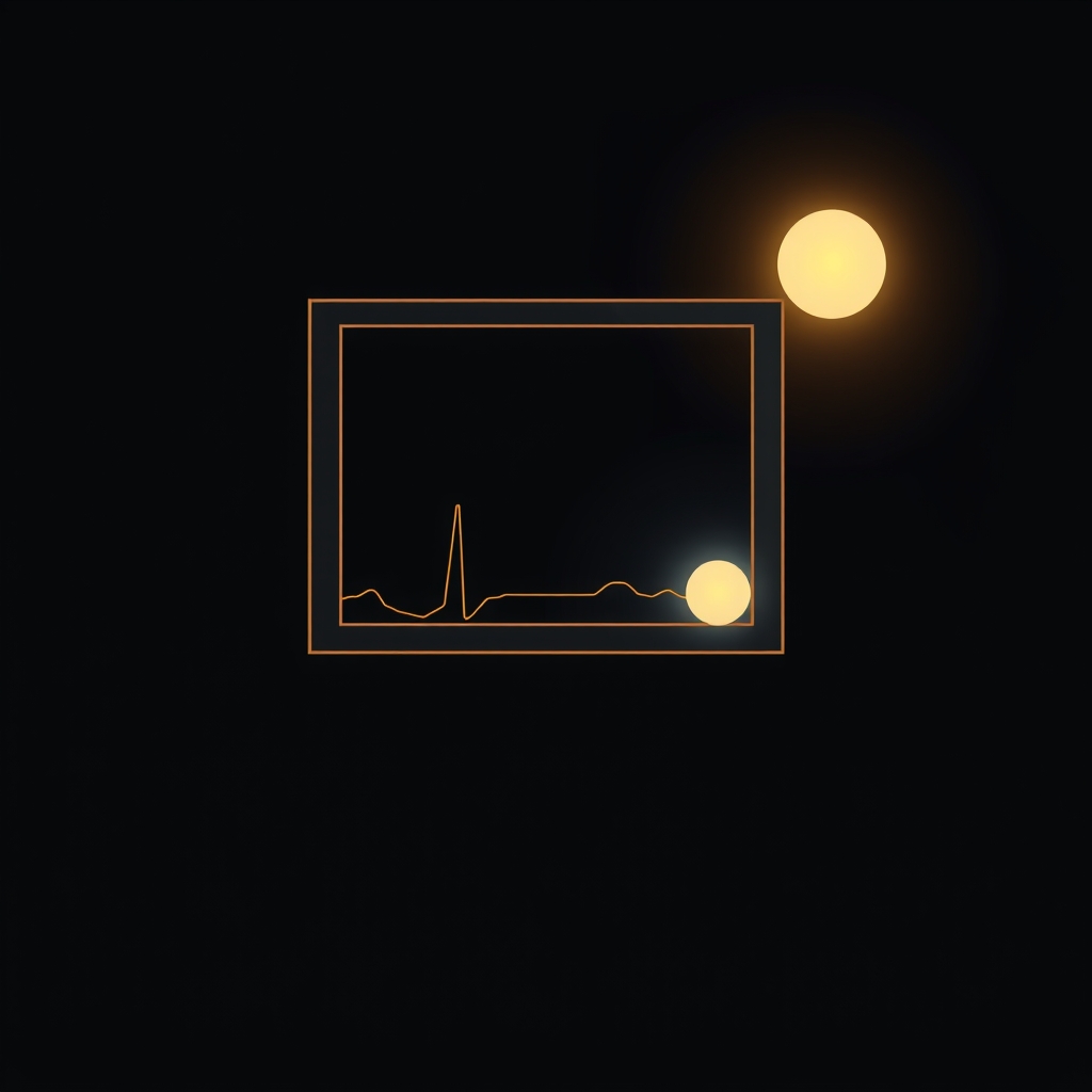 Abstract window shape linked by thin lines to glowing amber and blue light orbs on a dark background